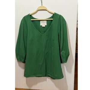 Anthropologie Velvet  Pullover V Neck Puffy Sleeves Green. Size: Small